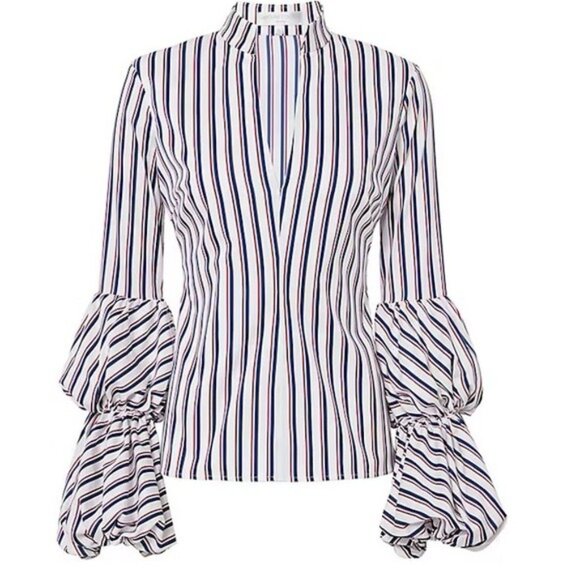 New Greyson Designer Puff Sleeve Stripe Blouse Feminine Chic V Neck Contemporary - Picture 1 of 12